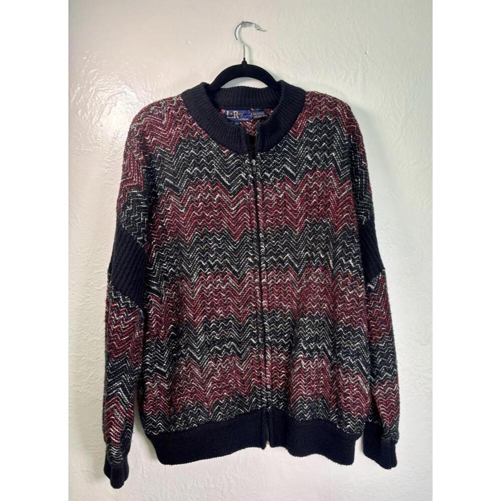 LeRoy Knit Sweater Full Zip Cardigan Pockets Grandpa Cabin Lodge Sz L Red‎ Black